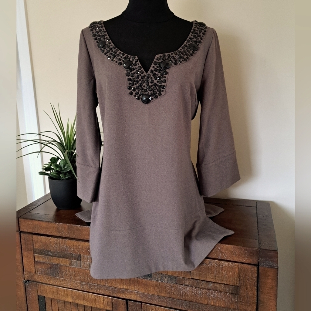 BCBGMaxAzria Taupe Embellished Scoop Neck Tunic